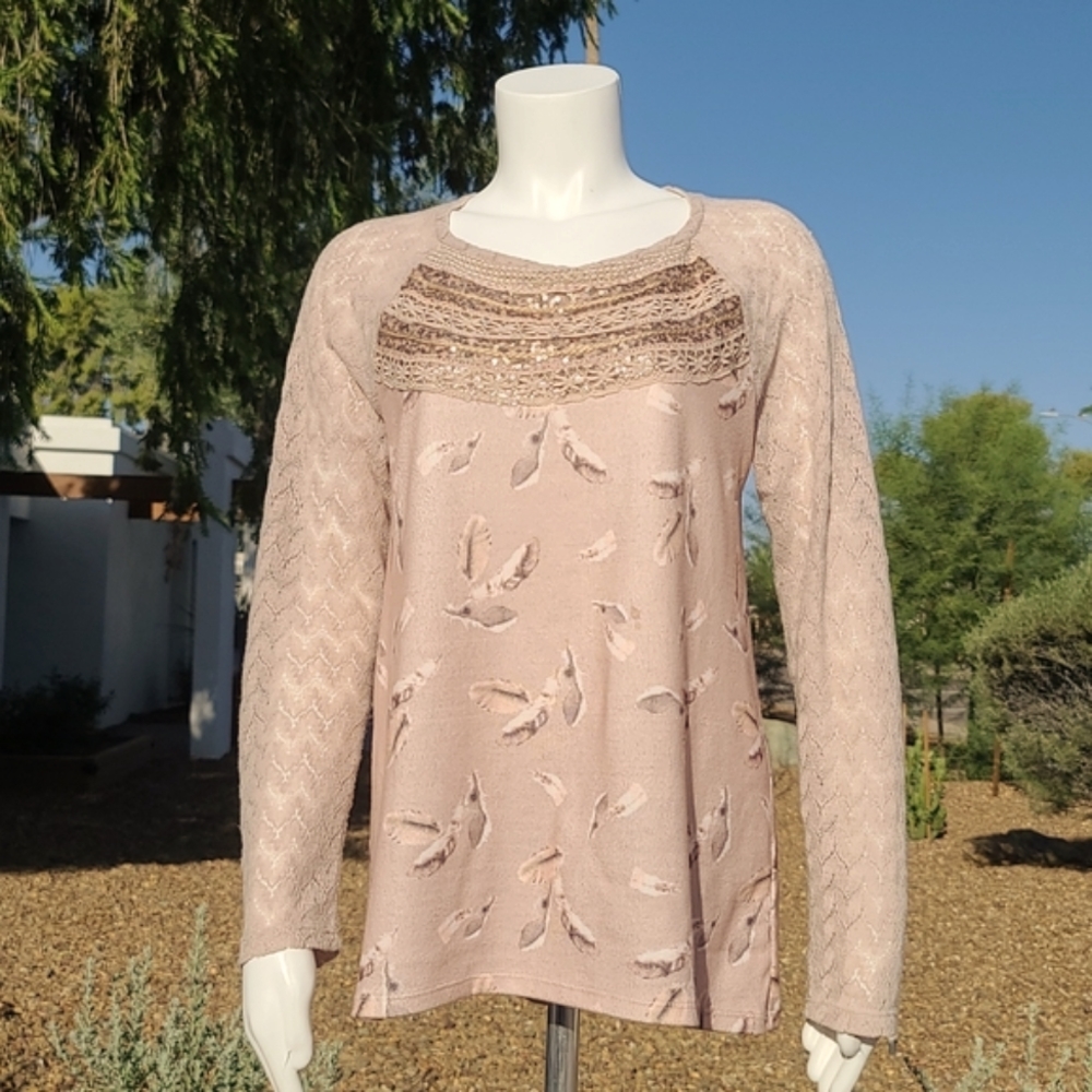One September Aves Feather BoHo Mixed Media Top M - Picture 13 of 13